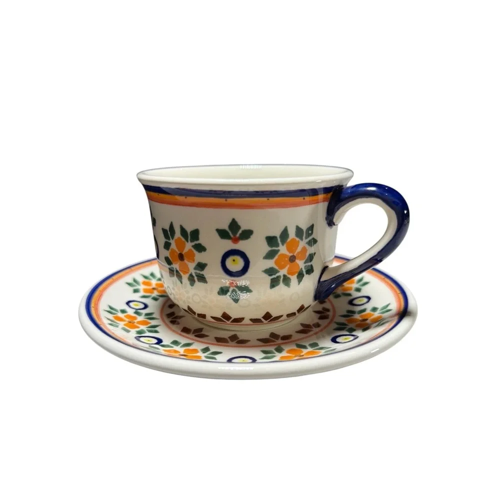 Vintage Polish Pottery Quilt Holiday Pattern  Tea Cup & Saucer Signed & Stamped